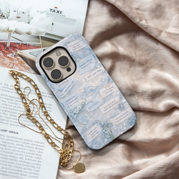 Blue aesthetic affirmation phone case with motivational quotes, soft clouds, florals and inspirational sayings protective tough case for iPhone and Samsung Galaxy