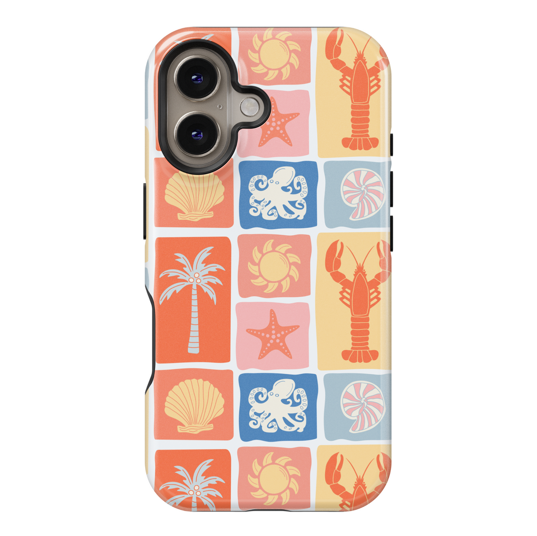 Colorful Beach Theme iPhone Case with Sea Creatures, Palm Trees & Retro Summer Blocks – Cute Tough Cover for iPhone 15, iPhone 14, iPhone 13