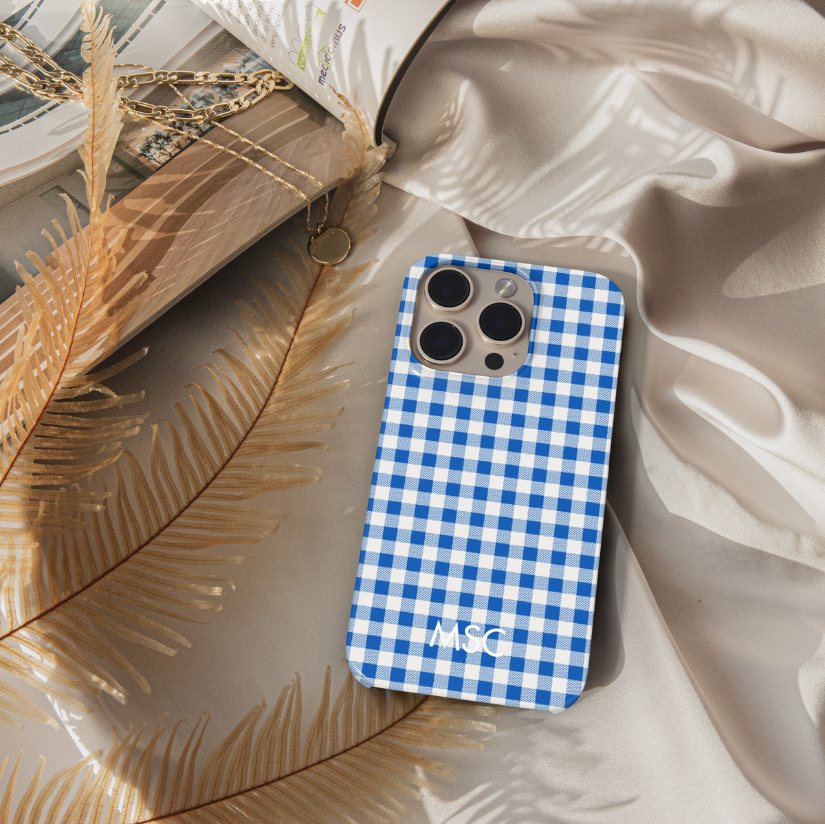 Blue gingham iPhone case, classic checkered phone cover in navy and white, slim protective case for iPhone 15, iPhone 14, iPhone 13 Pro Max. Stylish plaid design for everyday chic and timeless look.