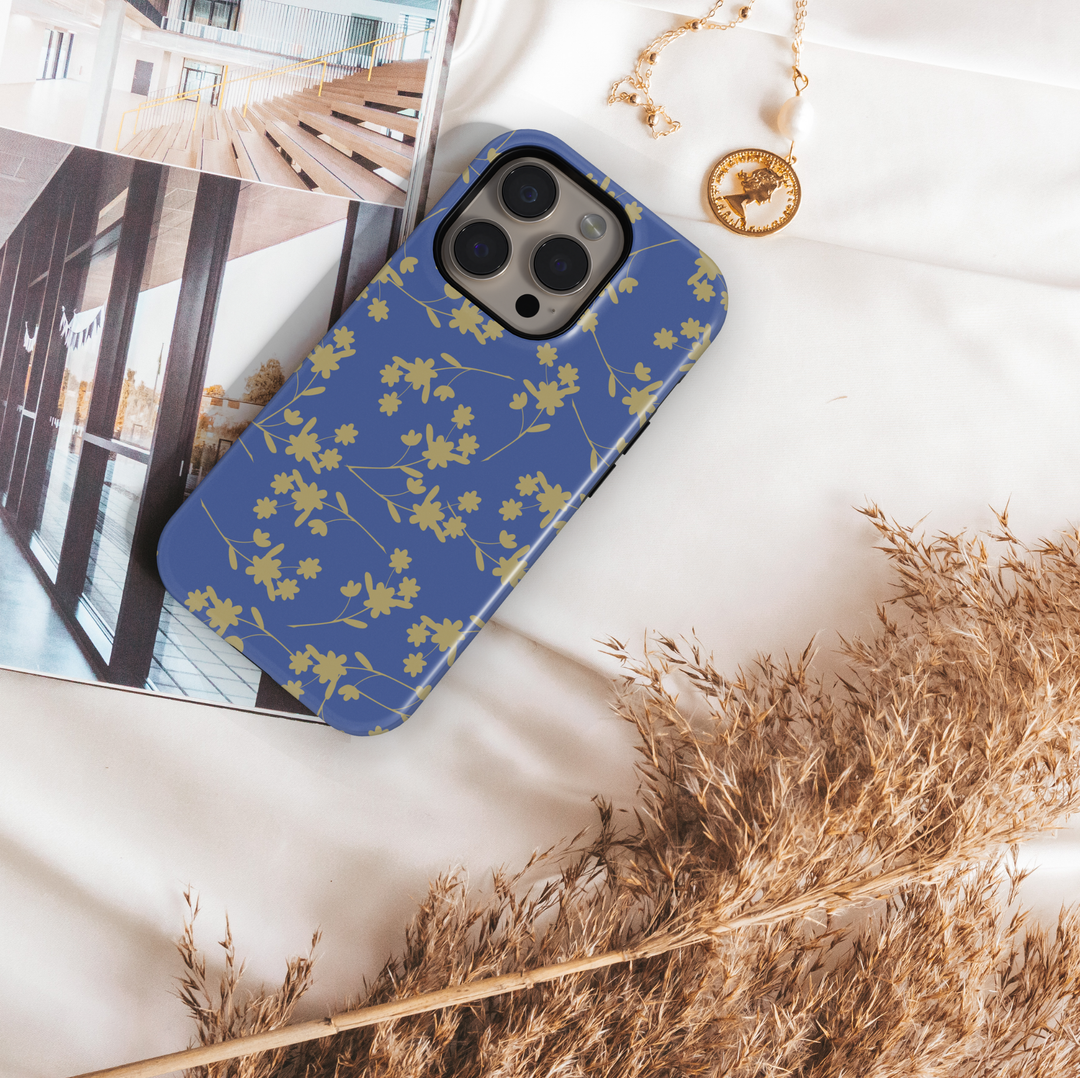 Navy blue floral phone case with gold flower pattern, minimalist aesthetic flower design protective phone cover for iPhone and Samsung
