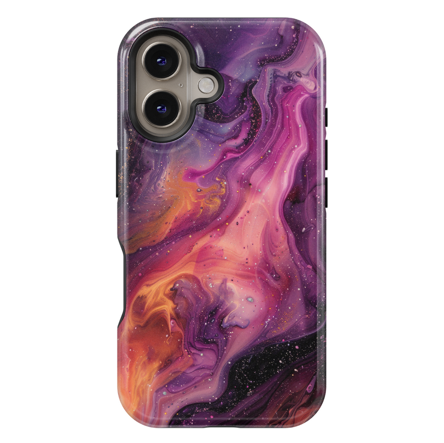 Vibrant iPhone case with a swirling abstract galaxy design in purples, oranges, and black; bold MagSafe-compatible tough case for iPhone 16.

