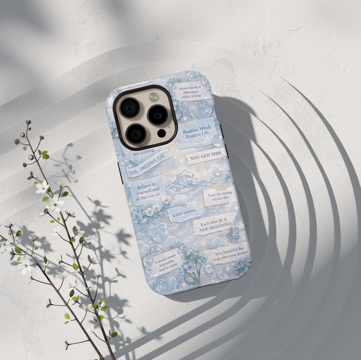 Blue aesthetic affirmation phone case with motivational quotes, soft clouds, florals and inspirational sayings protective tough case for iPhone and Samsung Galaxy
