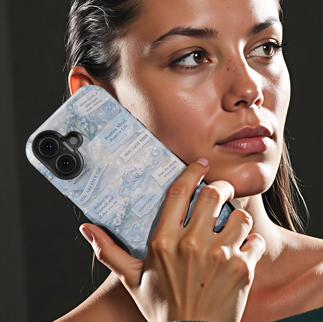 Blue aesthetic affirmation phone case with motivational quotes, soft clouds, florals and inspirational sayings protective tough case for iPhone and Samsung Galaxy