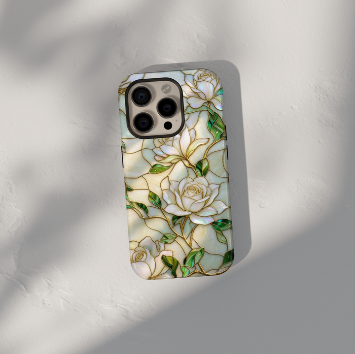 Ivory floral Samsung Galaxy S26 Ultra case with pearl finish and gold rose detailing, elegant protective phone case.