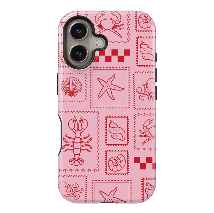 Pink Sea Creature iPhone Case with Red Coastal Stamp Pattern – Cute Tough Protective Cover for iPhone 15, iPhone 14, iPhone 13