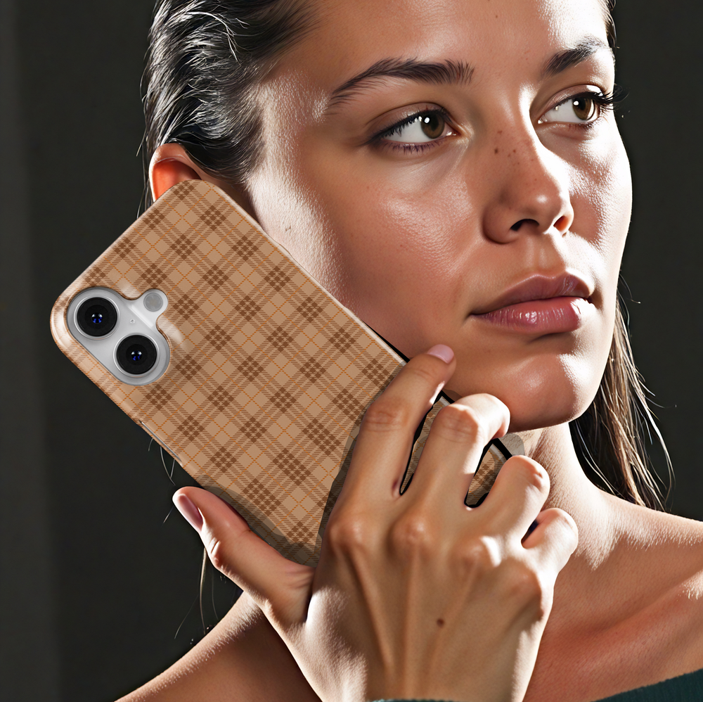Brown plaid iPhone case, cozy fall aesthetic phone cover for iPhone 15, iPhone 14, iPhone 13 Pro Max. Warm checkered pattern slim snap protective case for autumn vibes and neutral style.