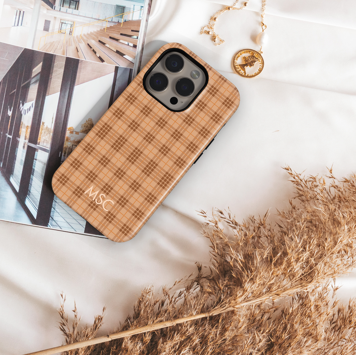 Brown plaid iPhone case, cozy fall aesthetic phone cover for iPhone 15, iPhone 14, iPhone 13 Pro Max. Warm checkered pattern slim snap protective case for autumn vibes and neutral style.