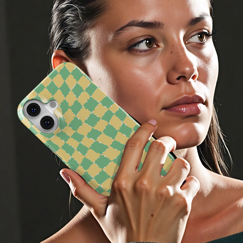 Green and yellow wavy checker phone case, aesthetic retro plaid design, trendy pastel check pattern phone cover for iPhone and Samsung
