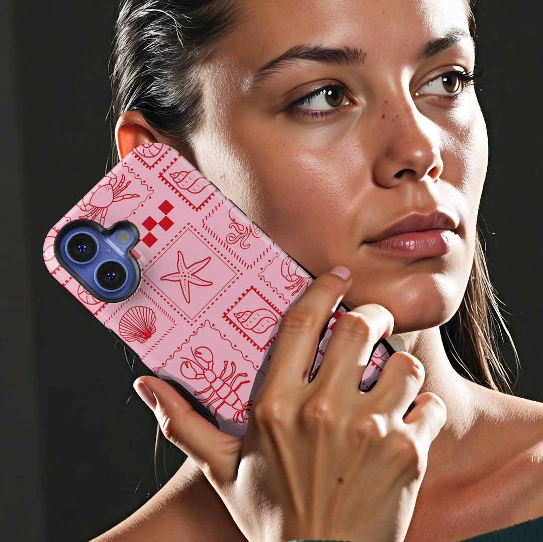 Pink Sea Creature iPhone Case with Red Coastal Stamp Pattern – Cute Tough Protective Cover for iPhone 15, iPhone 14, iPhone 13