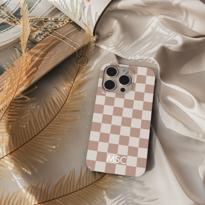 Beige Checker iPhone case, cozy fall aesthetic phone cover for iPhone 15, iPhone 14, iPhone 13 Pro Max. Warm checkered pattern slim snap protective case for autumn vibes and neutral style.