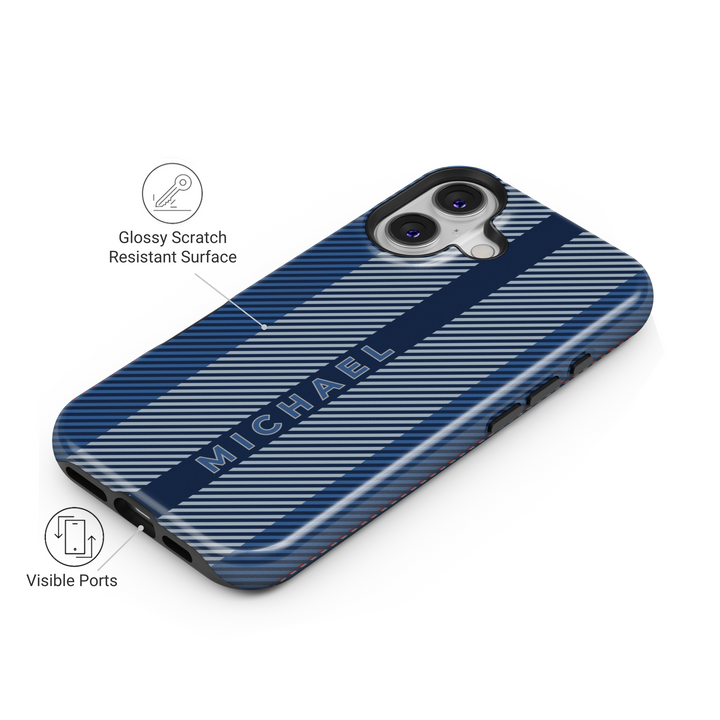 Sleek navy blue striped iPhone case with personalized name. Stylish and modern design for a sophisticated and professional look.