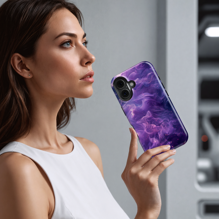 Purple and pink smoke swirl phone case with galaxy sparkles – dreamy aesthetic design compatible with iPhone 16, iPhone 15 Pro Max, Galaxy S24 Ultra, and MagSafe accessories.