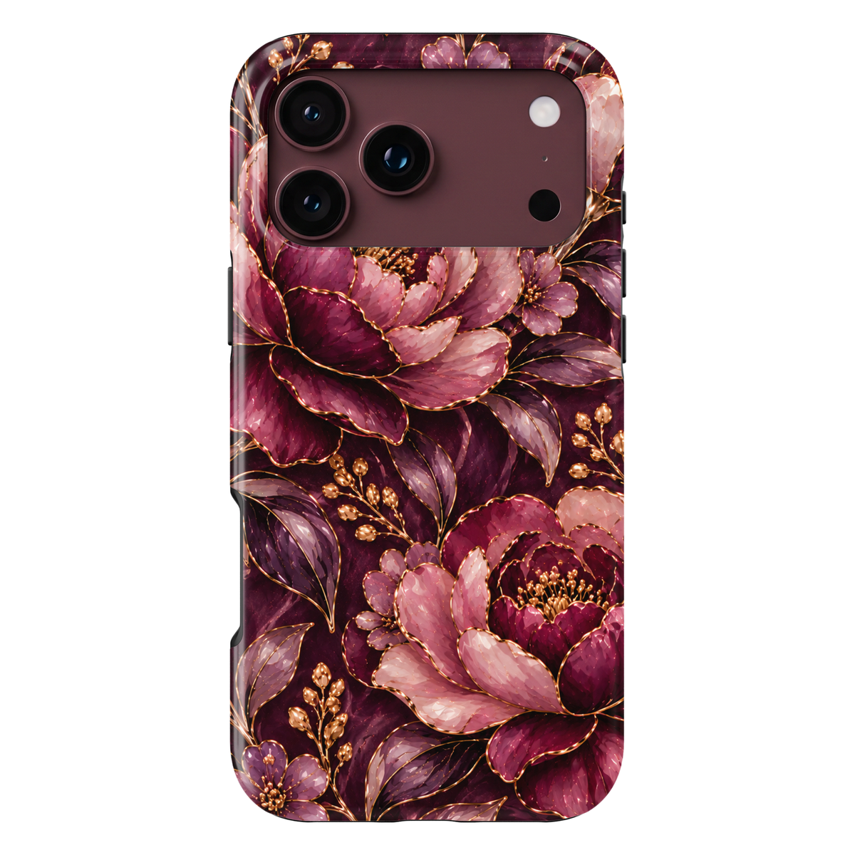 CASELIX Midnight Peony iPhone 18 Pro Max case featuring luxurious burgundy, plum and dusty pink peony flowers with delicate gold outlines, lavender blossoms, golden botanical accents and elegant foliage against a deep wine-colored background with a glossy printed finish.