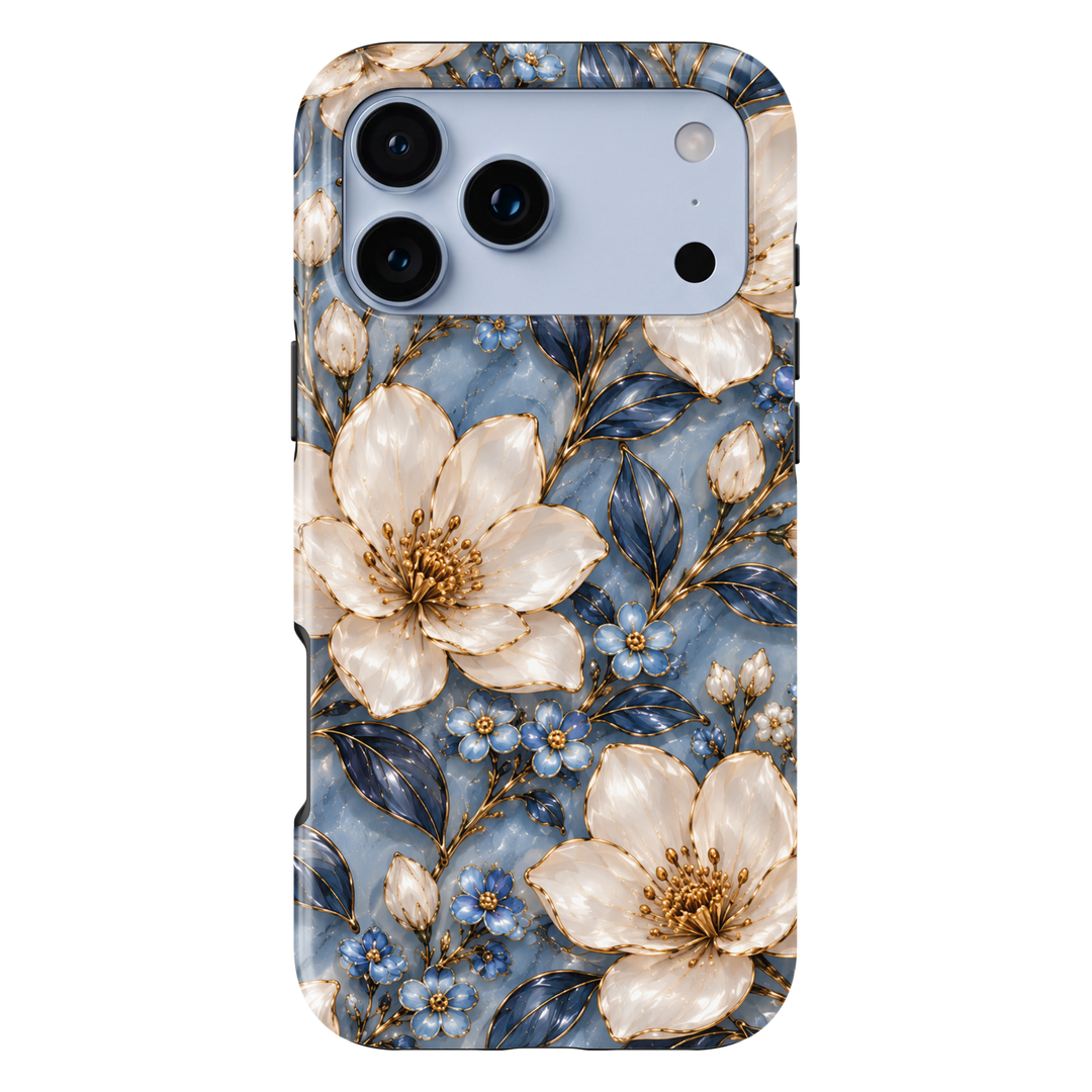 CASELIX Sapphire Blossom iPhone case featuring elegant ivory white flowers, delicate sapphire blue blossoms, navy blue leaves and intricate gold detailing against a soft blue marble-inspired background with a glossy printed finish.