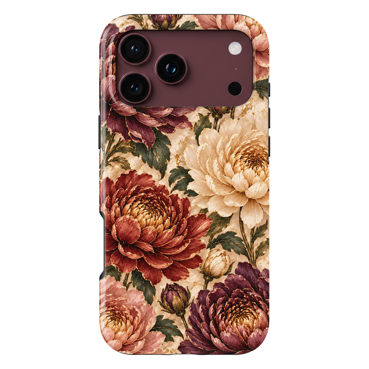 CASELIX November Birth Flower Chrysanthemum Glow iPhone 18 Pro Max tough phone case featuring luxurious burgundy, champagne ivory, dusty rose, and plum chrysanthemum blossoms with delicate gold detailing, deep green botanical leaves, and an elegant pearl-inspired ivory background. A sophisticated autumn floral phone case for women with a romantic vintage aesthetic, perfect for November birthday gifts, fall fashion, and elegant everyday styling.