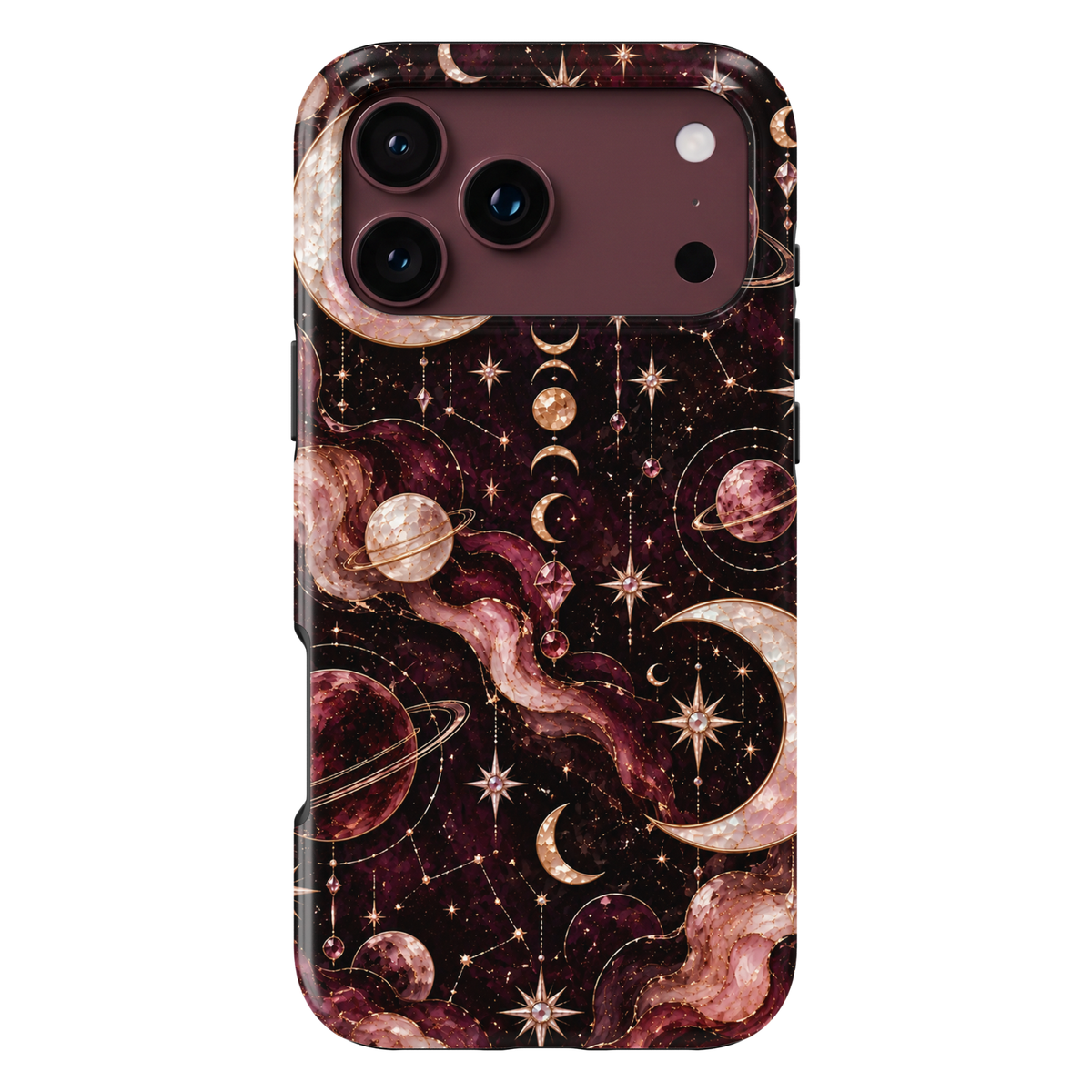 CASELIX Celestial Galaxy iPhone 18 Pro Max case featuring shimmering gold crescent moons, rose gold planets, sparkling stars, celestial constellations and gemstone-inspired details against a deep burgundy and black cosmic background with a glossy printed finish.