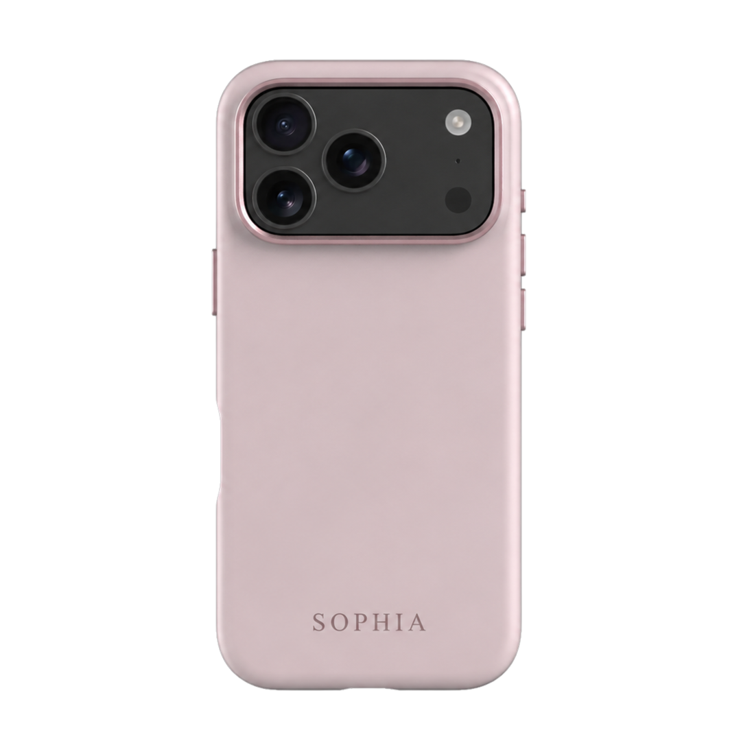 Blush Pink silicone iPhone case with SOPHIA laser engraving at the bottom center and matching camera trim.