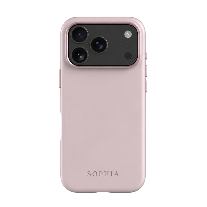 Blush Pink silicone iPhone case with SOPHIA laser engraving at the bottom center and matching camera trim.