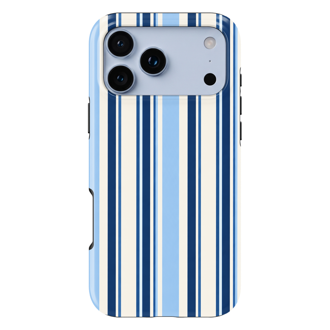 CASELIX Coastal Blue Stripe iPhone 18 Pro Max tough phone case featuring navy blue, light blue, and ivory vertical stripes with a glossy printed finish. Chic preppy striped phone case for women inspired by coastal fashion, nautical style, and classic blue aesthetics.