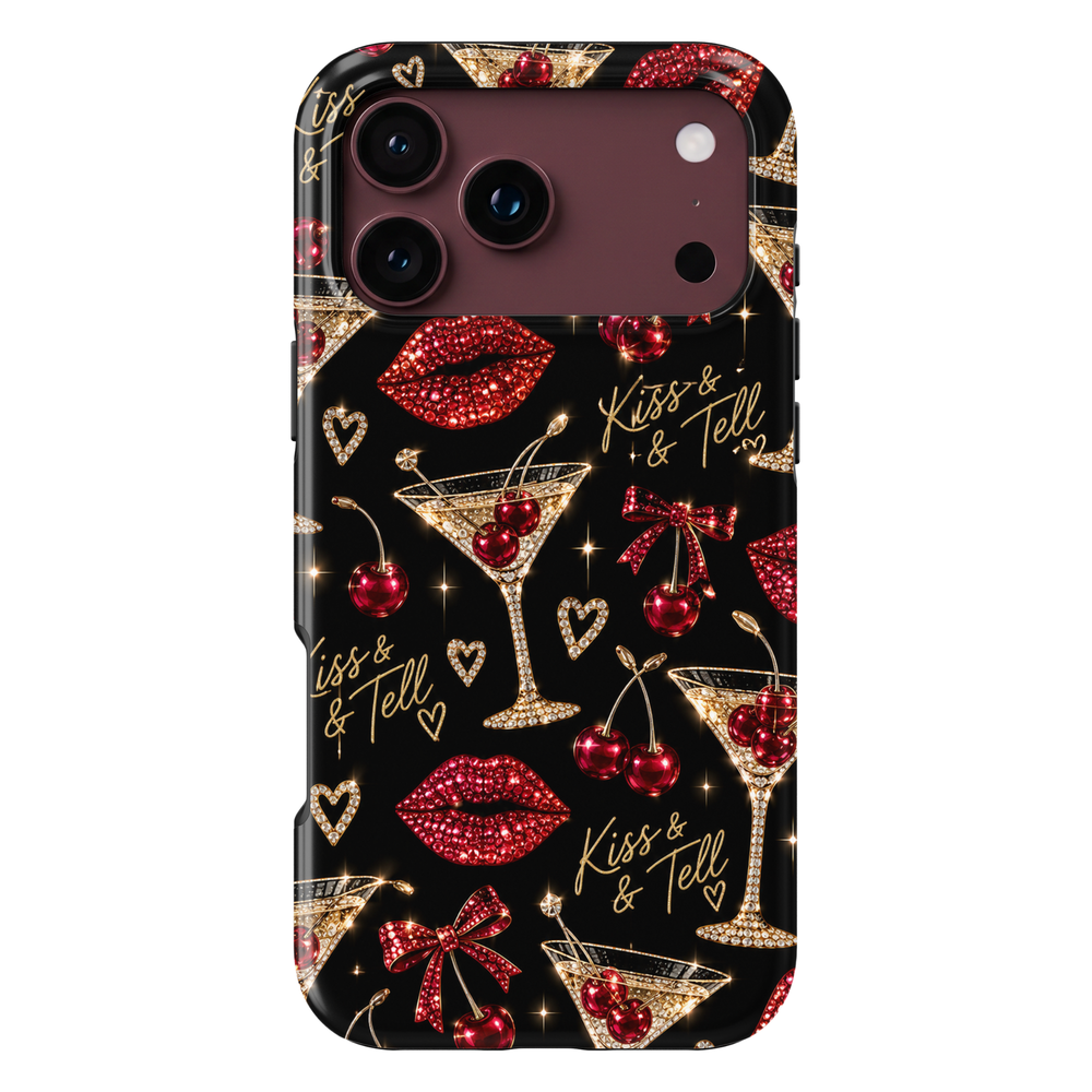 CASELIX Kiss & Tell iPhone 18 Pro Max tough phone case featuring a glossy black background with sparkling ruby-red lips, jeweled cherry martini glasses, red cherries, crystal hearts, red bows, and gold Kiss & Tell lettering. Trendy feminine printed phone case for women with a glamorous cocktail party aesthetic, perfect for girls' nights out and date night outfits.