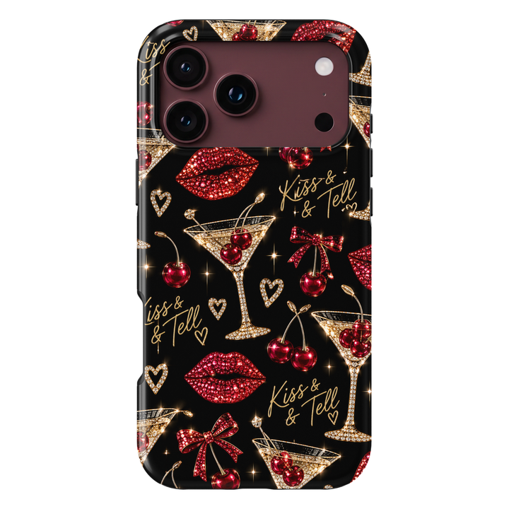 CASELIX Kiss &amp; Tell iPhone 18 Pro Max tough phone case featuring a glossy black background with sparkling ruby-red lips, jeweled cherry martini glasses, red cherries, crystal hearts, red bows, and gold Kiss &amp; Tell lettering. Trendy feminine printed phone case for women with a glamorous cocktail party aesthetic, perfect for girls&