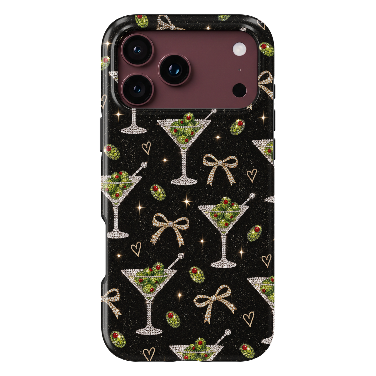 CASELIX Dirty Martini iPhone 18 Pro Max tough phone case featuring a glossy black background with sparkling crystal martini glasses, green olives with red pimentos, diamond-studded bows, delicate gold hearts, and shimmering stars. Chic dirty martini printed phone case for women with a glamorous cocktail party aesthetic, perfect for girls' nights out and martini lovers.