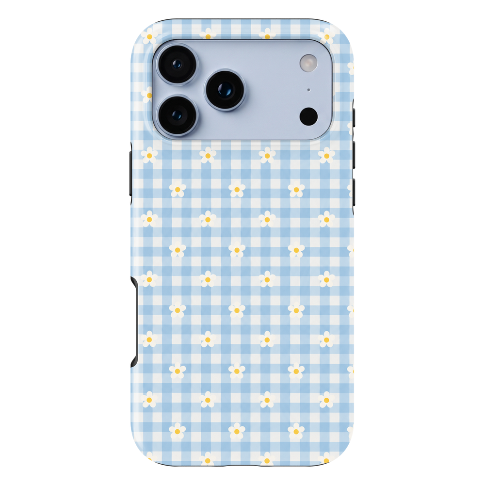CASELIX Daisy Blue Gingham iPhone 18 Pro Max tough phone case featuring pastel baby blue and white gingham checks with tiny white daisy flowers and yellow centers. Cute floral checkered phone case for women with a glossy printed finish, soft girl aesthetic, and charming cottagecore-inspired design.