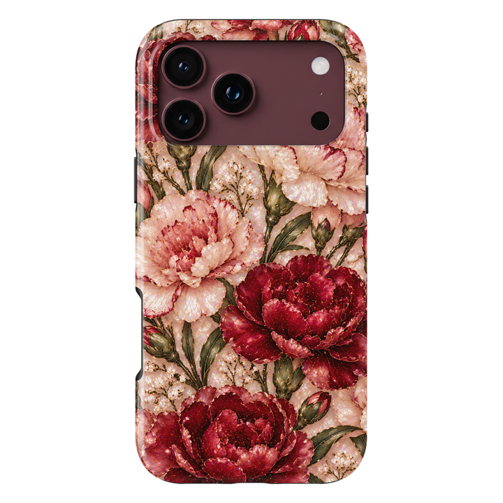 CASELIX October Birth Flower Marigold Romance iPhone 18 Pro Max tough phone case featuring luxurious deep burgundy and blush pink layered floral blooms, delicate gold accents, sage green foliage and an elegant pearlescent ivory background. A romantic, feminine floral phone case for women.