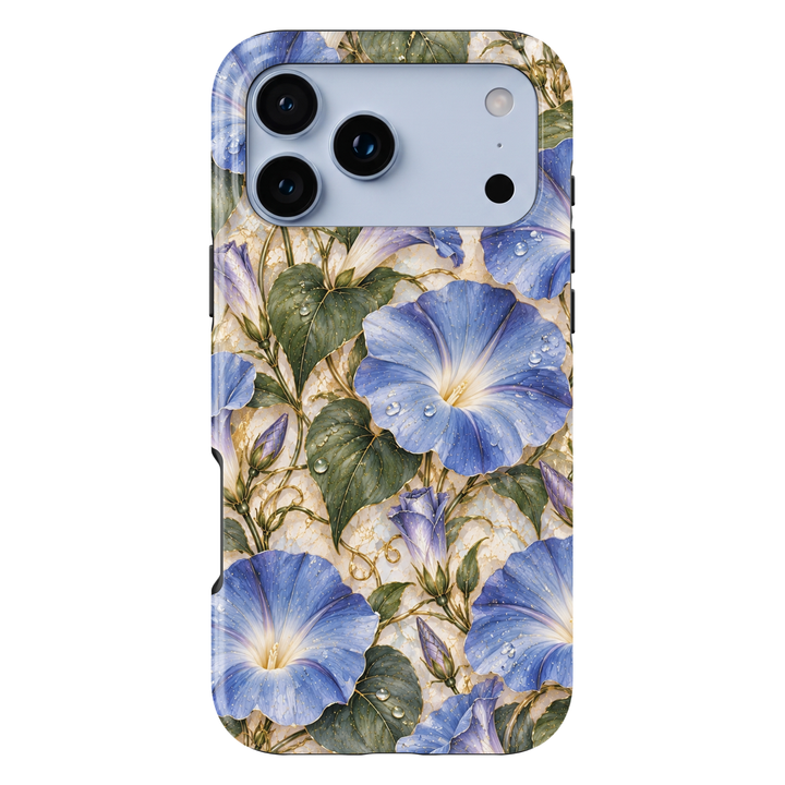 CASELIX September Birth Flower Morning Glory iPhone 18 Pro Max tough phone case featuring elegant periwinkle blue and lavender morning glory blossoms with delicate golden accents, lush sage green heart-shaped leaves, and realistic water droplets against a luxurious ivory marble-inspired background. A romantic blue floral phone case for women with a sophisticated botanical aesthetic, perfect for September birthday gifts and feminine everyday style.