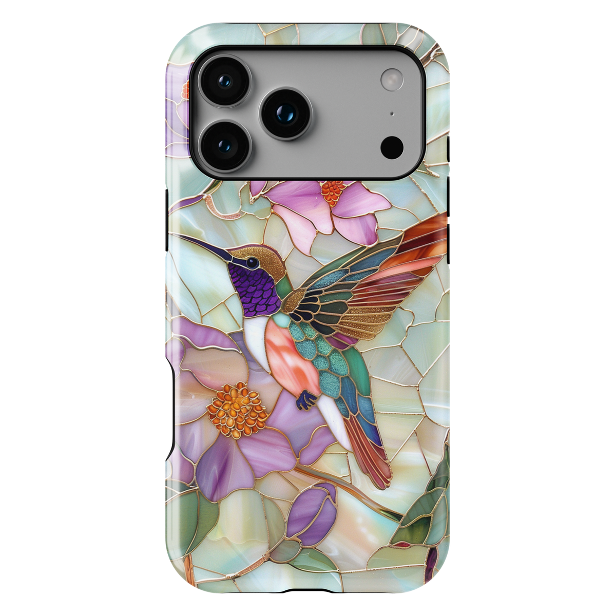 Stained glass hummingbird iPhone case with pastel flowers and mosaic background