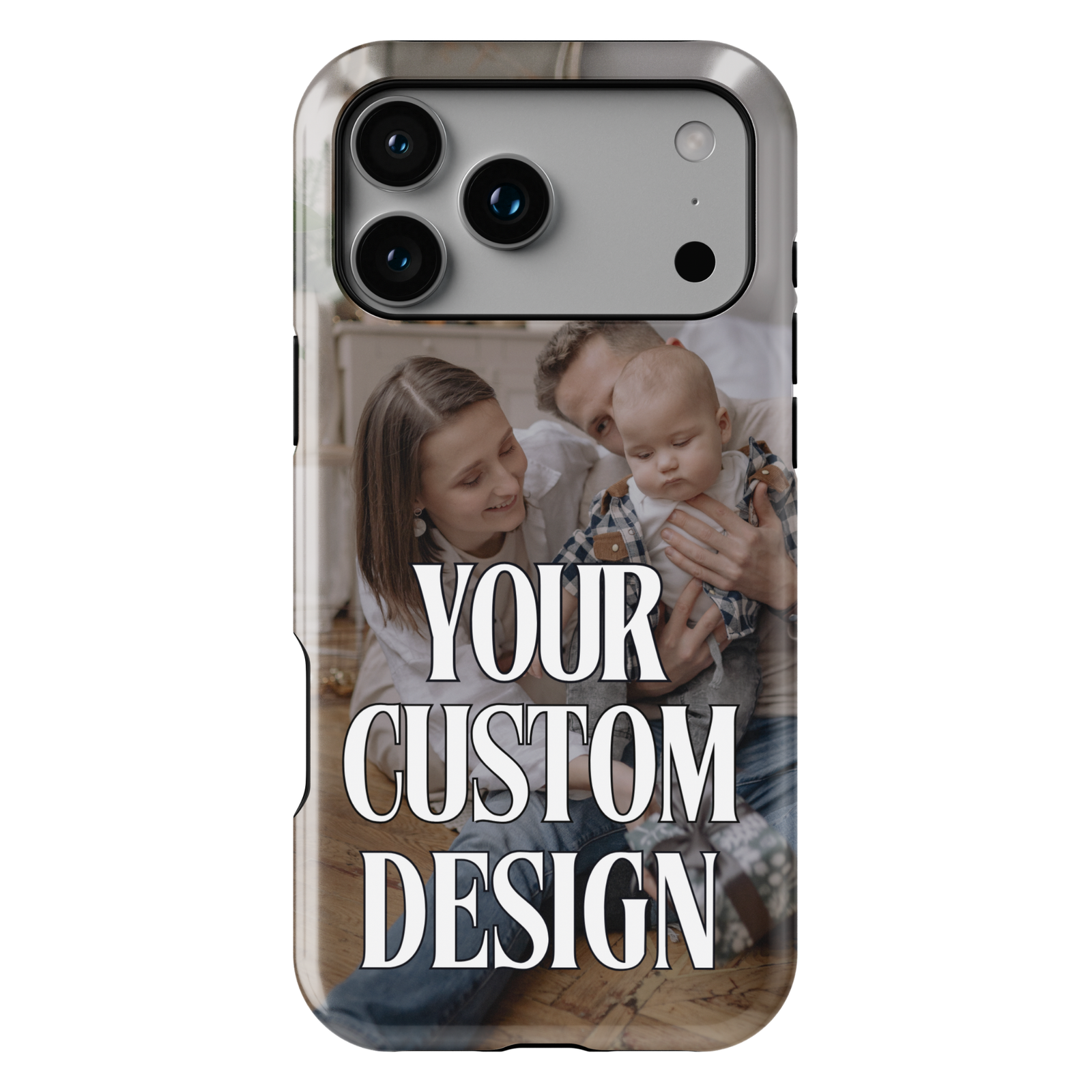 Custom photo phone case featuring personalized family, pet, and couple pictures on a protective tough case. Personalized photo phone cover gift for iPhone, Samsung Galaxy, and Google Pixel.