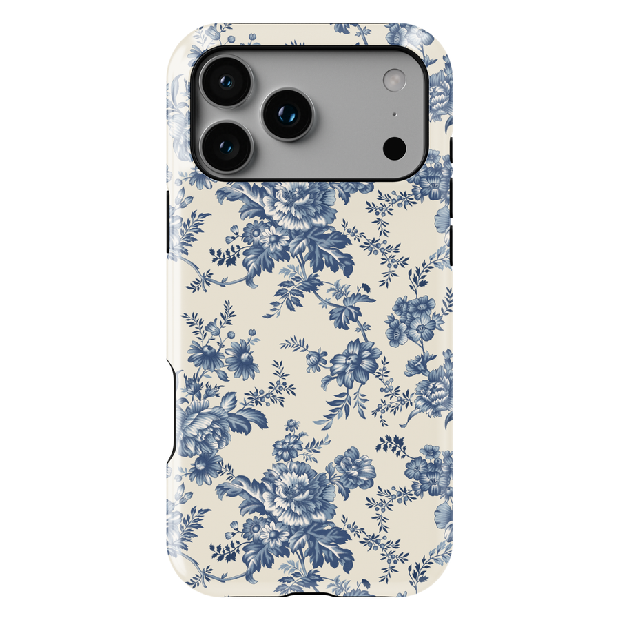 Blue vintage floral toile iPhone 17 case with elegant botanical flower pattern aesthetic protective tough case for iPhone 17 Pro Max, iPhone 17 Pro, iPhone 16 Pro Max, iPhone 16 Plus stylish floral phone cover