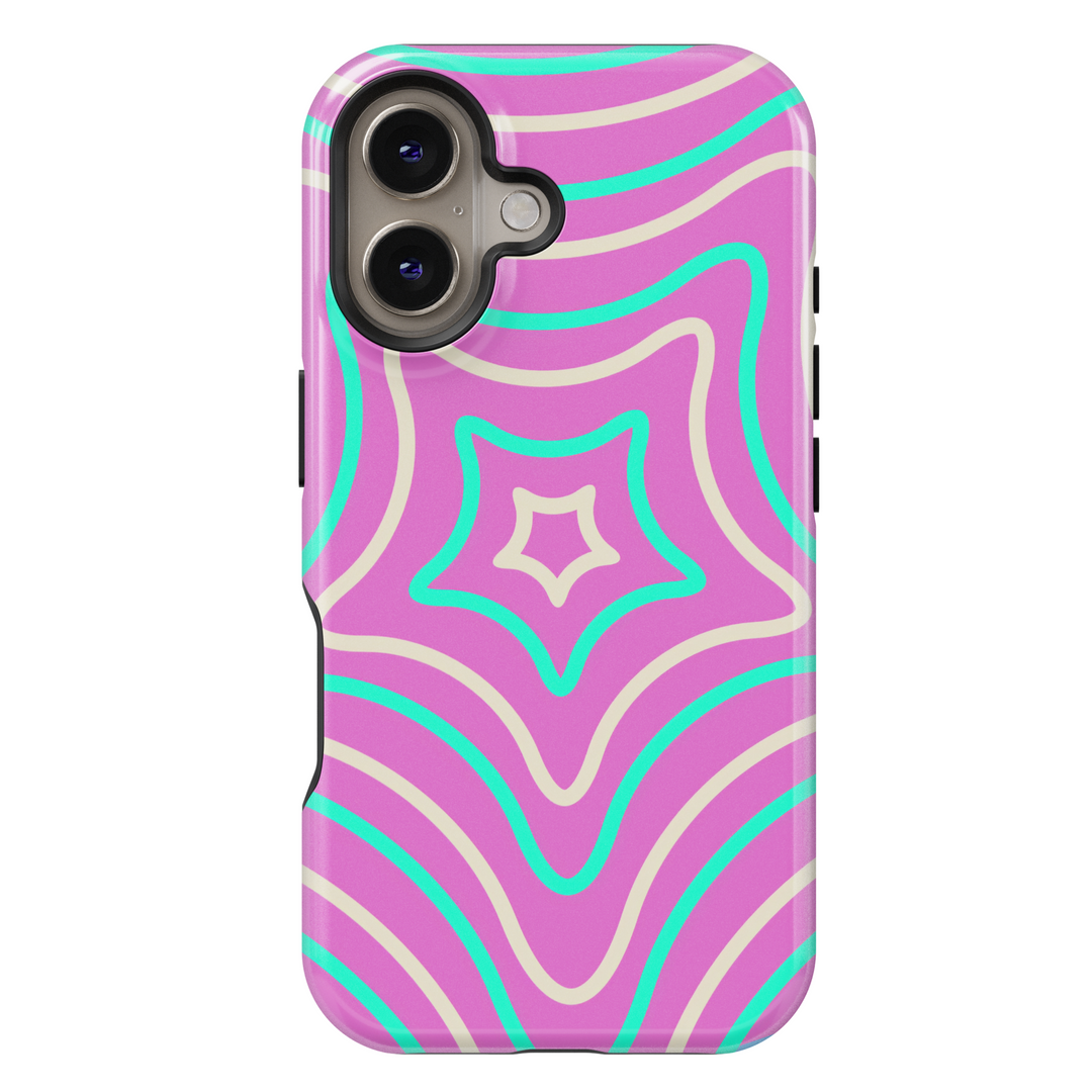 Psychedelic purple iPhone 16 MagSafe case with teal and cream concentric ripple pattern, bold and playful retro design

