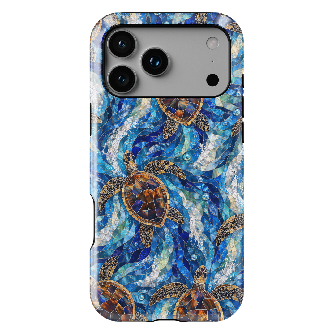 Sea turtle iPhone case featuring swimming turtles, blue ocean waves, stained glass inspired artwork, and vibrant coastal colors.