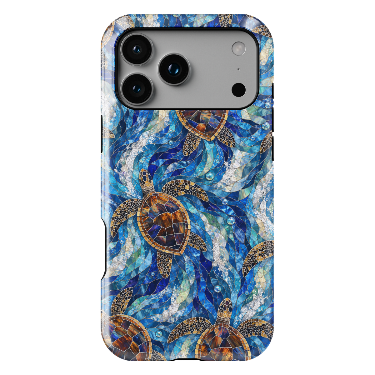 Sea turtle iPhone case featuring swimming turtles, blue ocean waves, stained glass inspired artwork, and vibrant coastal colors.