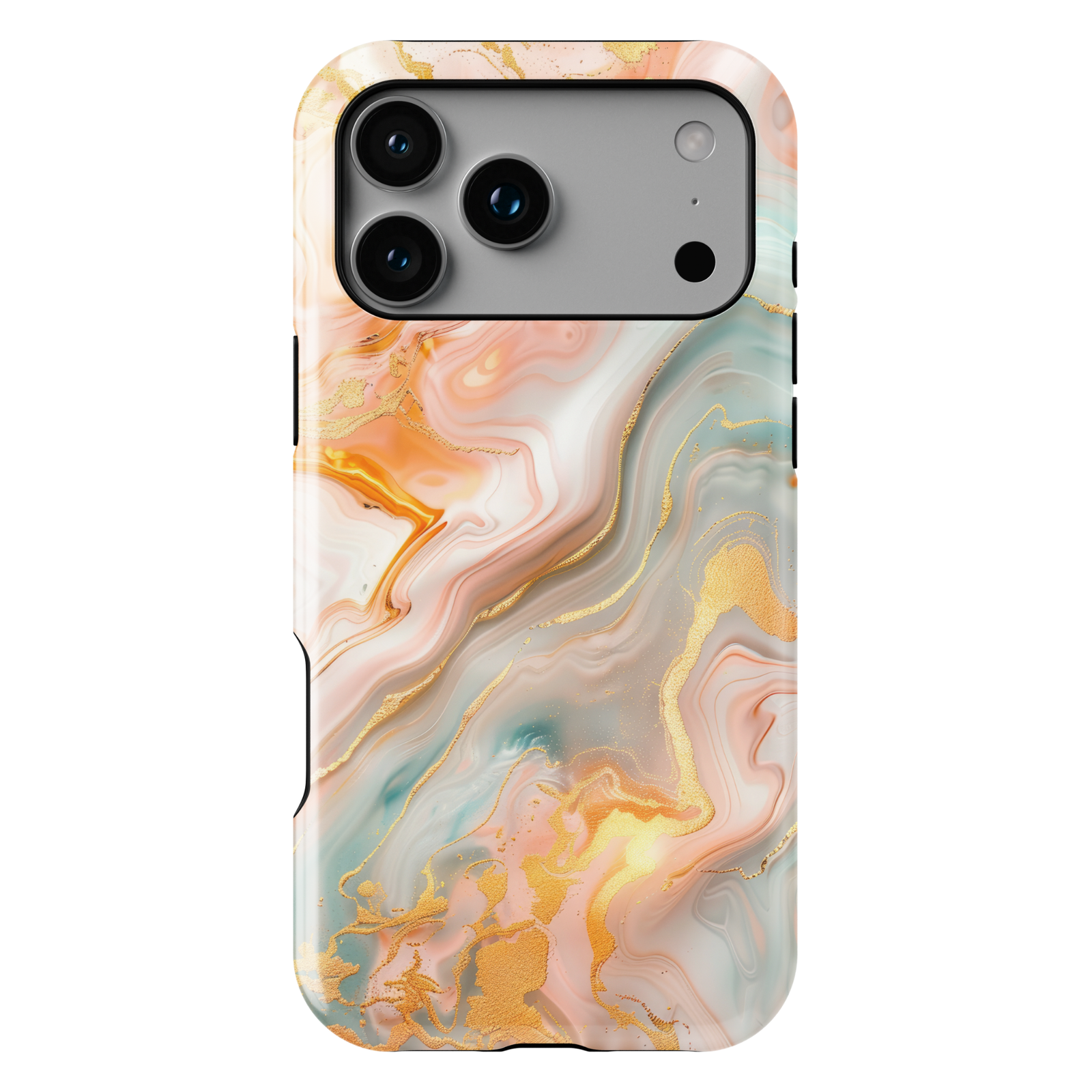 Pastel marble phone case with peach mint and gold abstract swirl design