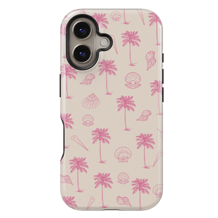 Beige iPhone 16 case with pink palm tree and seashell pattern – girly beach aesthetic phone case for women, MagSafe compatible, cute summer design

