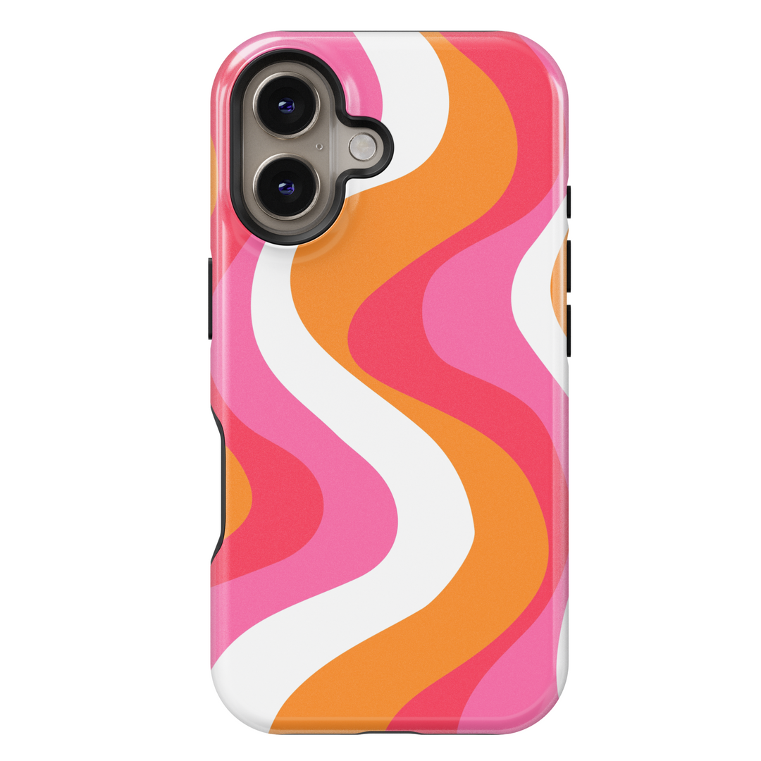 Bright pink, orange, and white wavy stripe iPhone 16 MagSafe case with retro summer aesthetic


