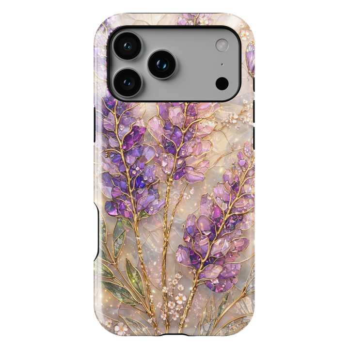 Luxury purple floral phone case featuring gold botanical detailing and violet blossoms aesthetic protective tough case for iPhone and Samsung Galaxy