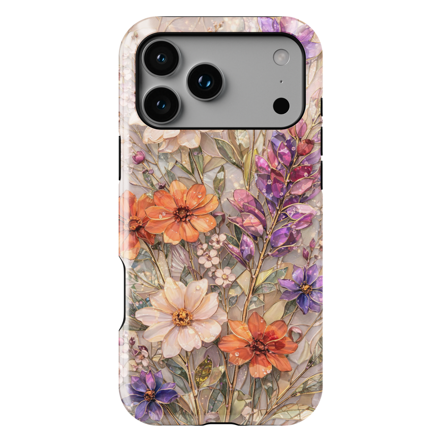 Vintage floral phone case featuring botanical wildflowers in orange, purple and cream tones aesthetic protective tough case for iPhone and Samsung Galaxy
