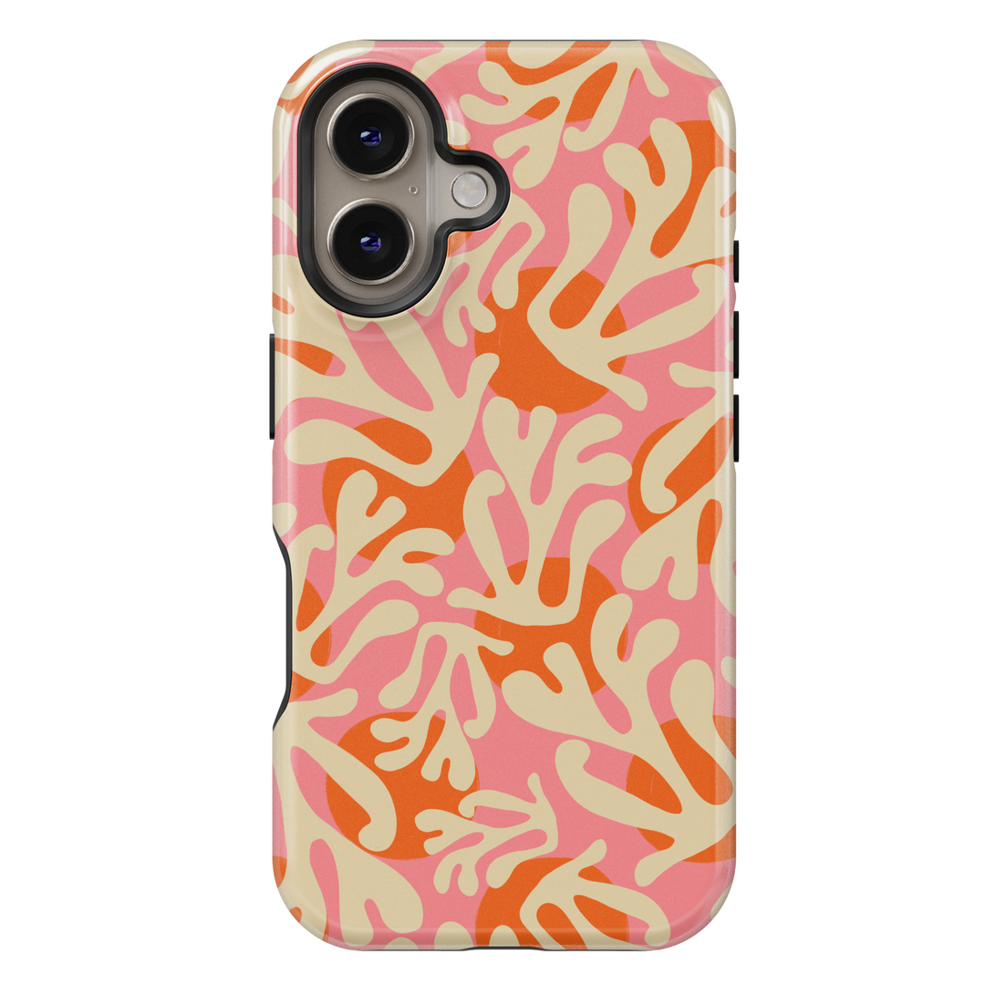 Bold coral pattern iPhone 16 MagSafe case in pink, orange, and cream tones with a beachy summer vibe