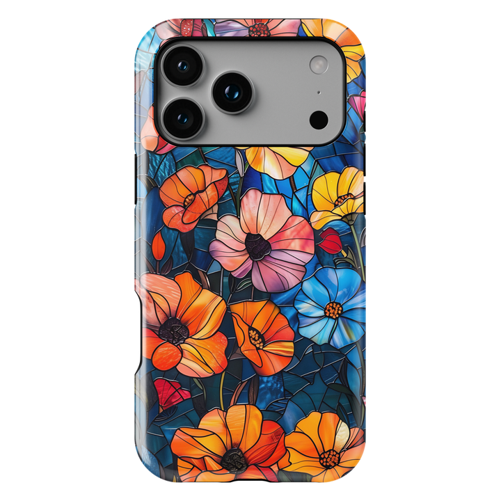 Colorful stained glass floral iPhone tough case with vibrant flowers and deep blue background