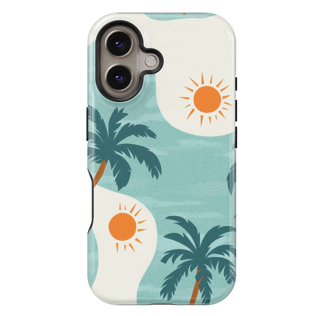 Tough iPhone 16 MagSafe case with teal background, orange suns, and dark green palm trees for a tropical summer vibe