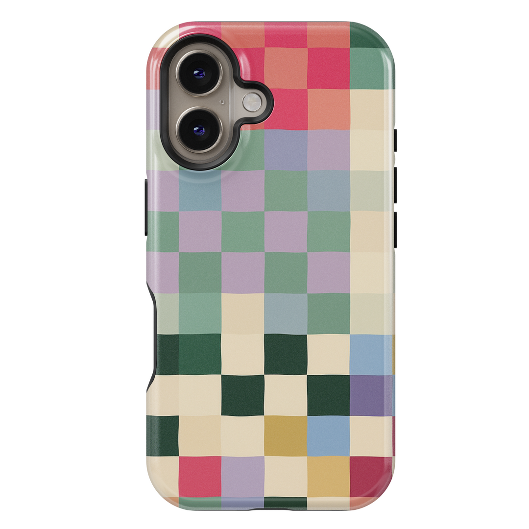 Aesthetic multicolor checkerboard iPhone 16 case for women – soft pastel rainbow grid phone cover with MagSafe for girls