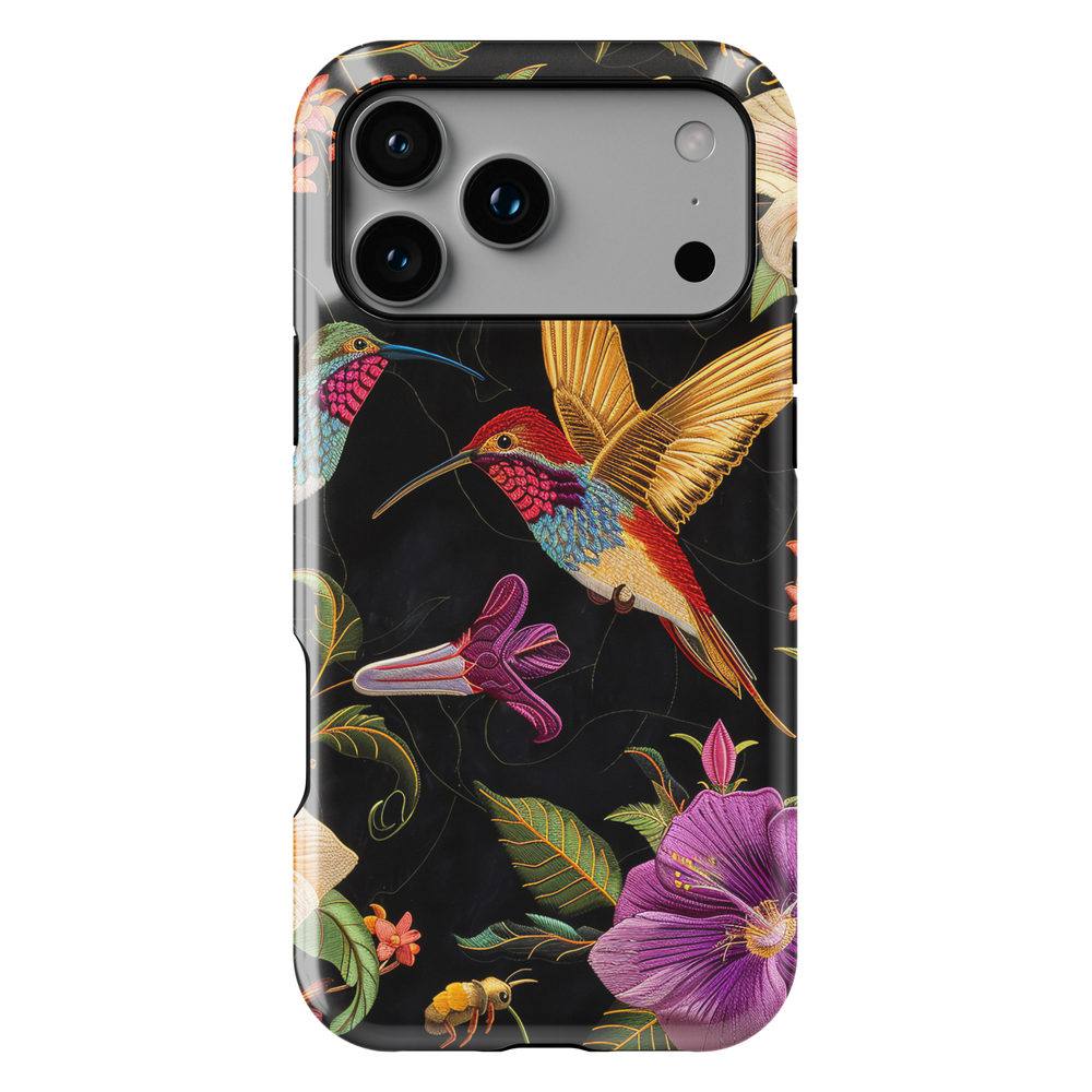 Noctyra Bloom dark floral stained glass hummingbird iPhone case on black background