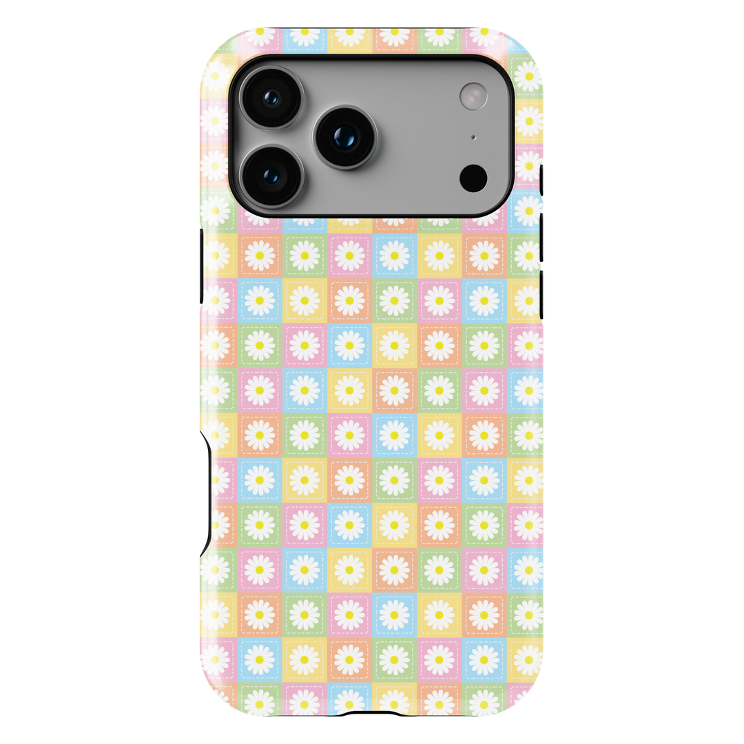 Pastel patchwork iPhone tough case with vintage floral tiles in pink, peach, green, and yellow