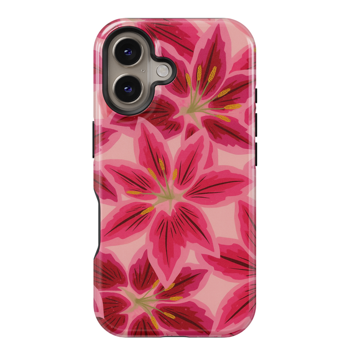 Red lily floral iPhone case for iPhone 15, 14, 13, 12, 11 – Tough protective cover with bold pink flower design