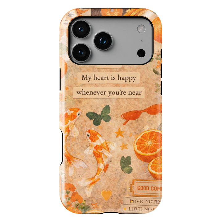 Romantic quote phone case with koi fish, orange slices and butterflies aesthetic tough case for iPhone and Samsung Galaxy