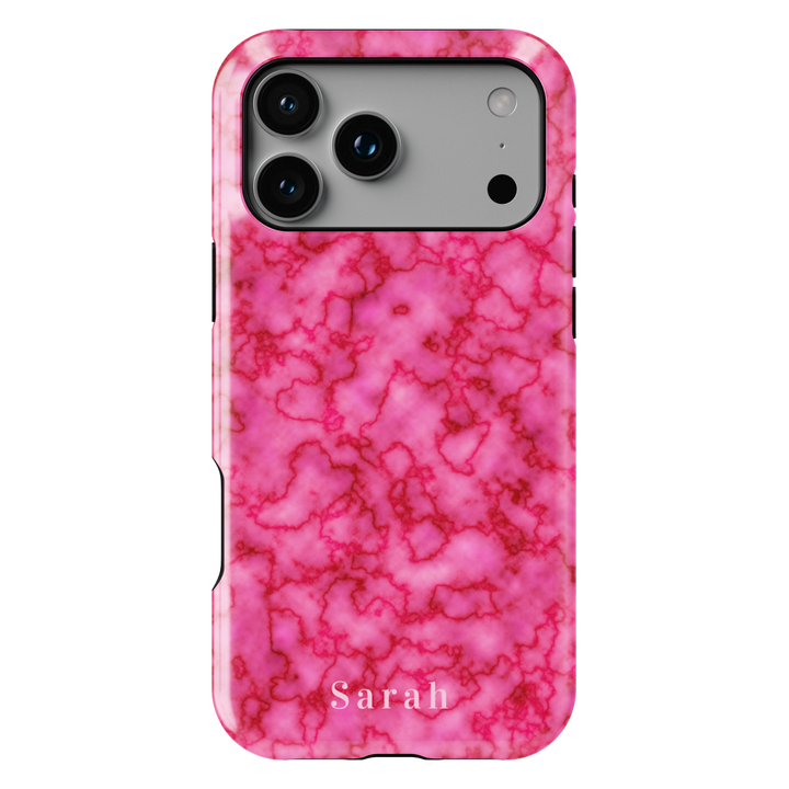 Personalized pink marble iPhone case with custom name detail. Girly glossy finish, stylish protection, and a soft blush aesthetic. Compatible with multiple iPhone models.
