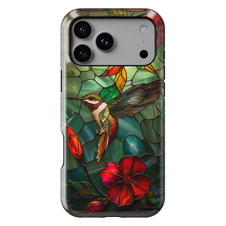 Verdyxa Noire emerald stained glass hummingbird iPhone case with red floral accents